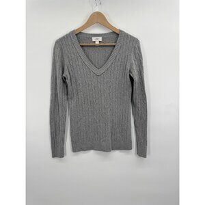 Vintage Y2K Women Small Gray Sweater Cable Knit V-Neck 90s Retro Angora Academia